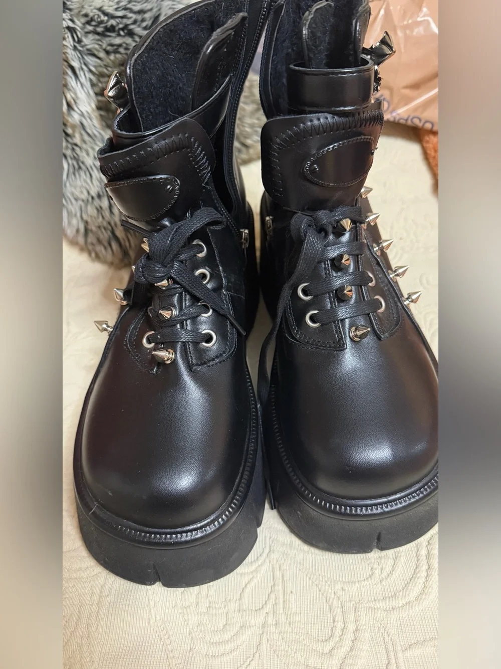 Black Studded Platform Combat Boots | Gothic Bat Buckle | Punk Grunge